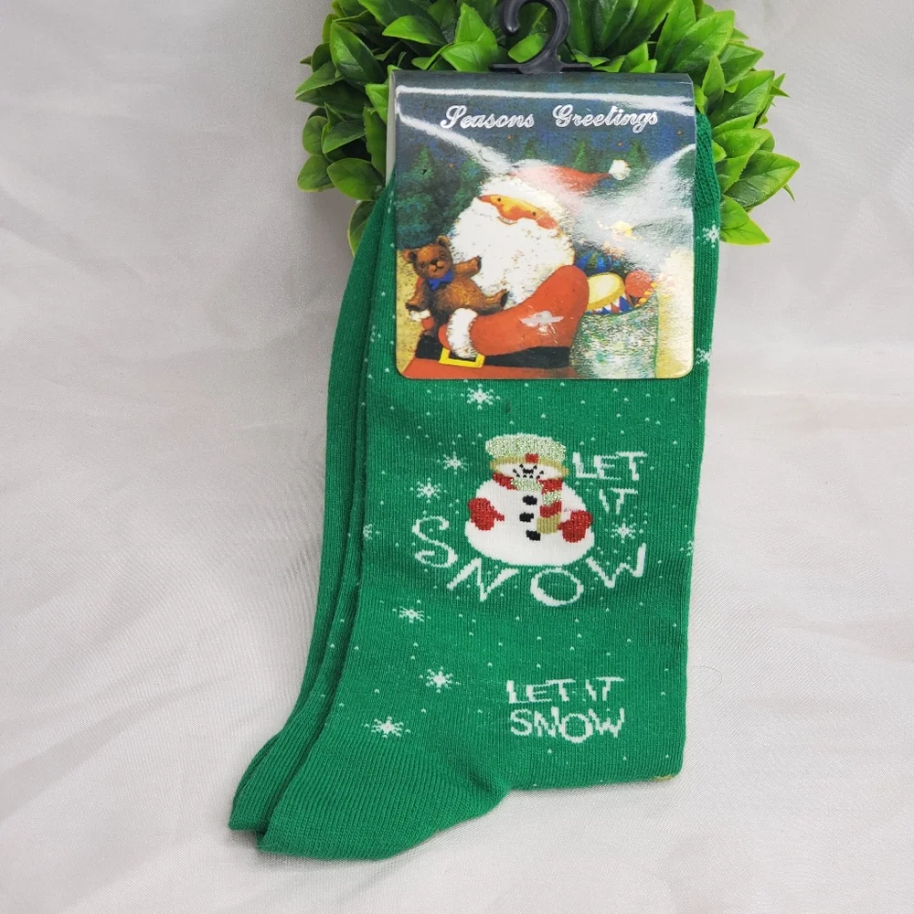 ◇ Novelty Snowman Christmas Socks Let it Snow Green and White Size 9-11